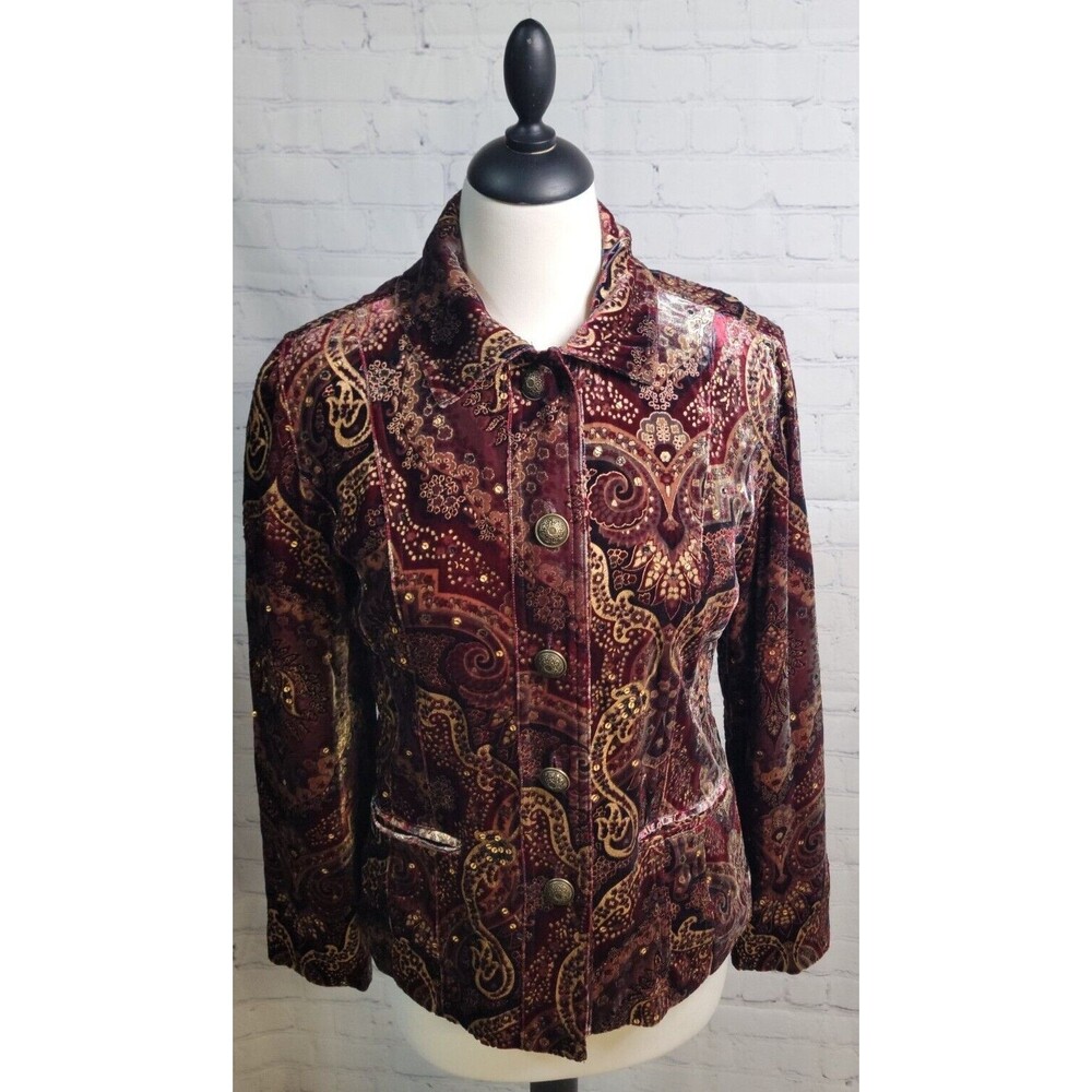 Vintage Chico's Velvet Silk Blend Blazer Sz 0 Sm Sequin Maroon Gold Classy Royal